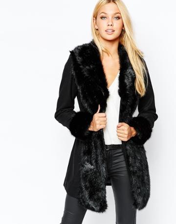 Michelle Keegan Loves Lipsy Wool Fur Princess Coat - Black