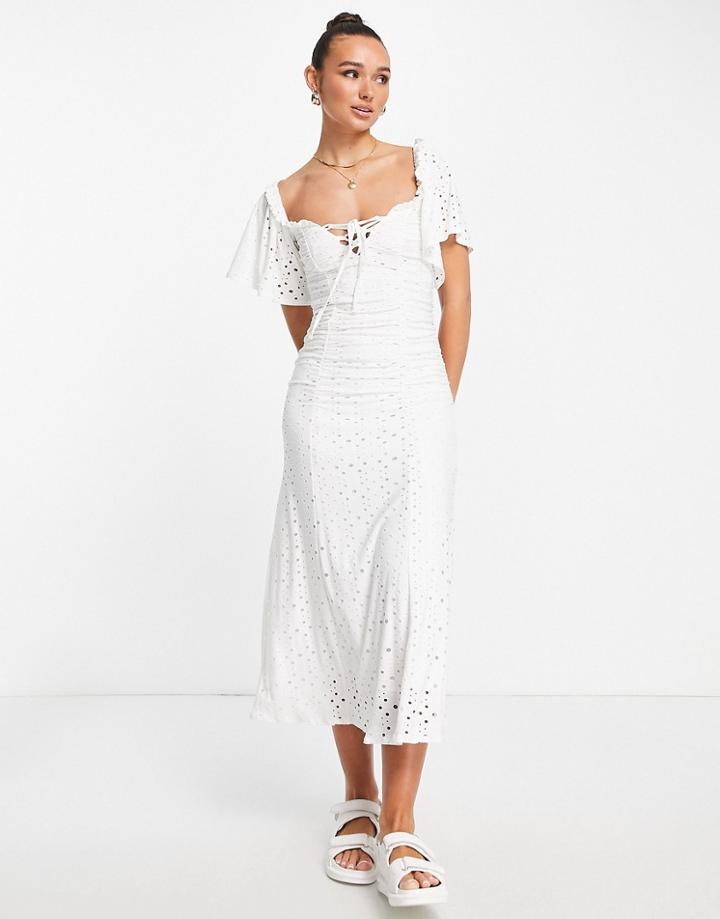 Asos Design Eyelet Flutter Sleeve Ruched Front Midi Dress In White
