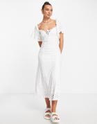 Asos Design Eyelet Flutter Sleeve Ruched Front Midi Dress In White