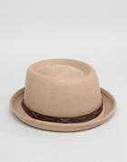 Asos Pork Pie Hat In Stone With Faux Leather Band - Beige