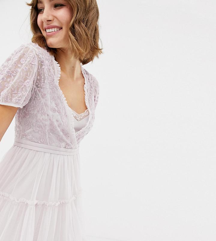 Needle & Thread Embroidered Tulle Midi Dress With Cap Sleeve In Lavender
