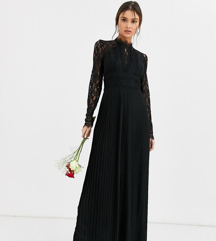Tfnc Bridesmaid High Neck Long Sleeve Pleated Maxi Dress With Lace Inserts In Black