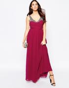 Little Mistress Maxi Dress With Embellished Neckline - Berry