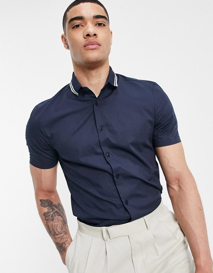 Asos Design Skinny Shirt With Rib Collar-navy