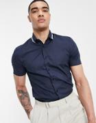 Asos Design Skinny Shirt With Rib Collar-navy
