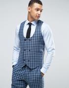 Asos Slim Suit Double Breasted Vest In 100% Wool Blue Check - Blue