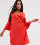 Outrageous Fortune Plus Ruffle Wrap Dress With Fluted Sleeve In Red - Red