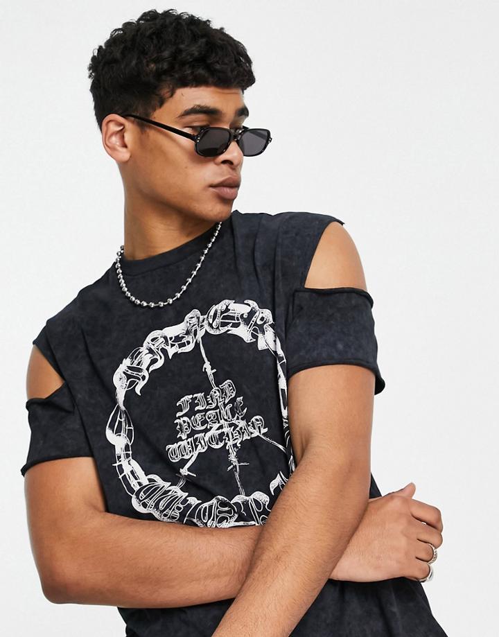 Asos Design Relaxed T-shirt In Washed Black With Cut Outs And Gothic Front Print