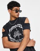 Asos Design Relaxed T-shirt In Washed Black With Cut Outs And Gothic Front Print