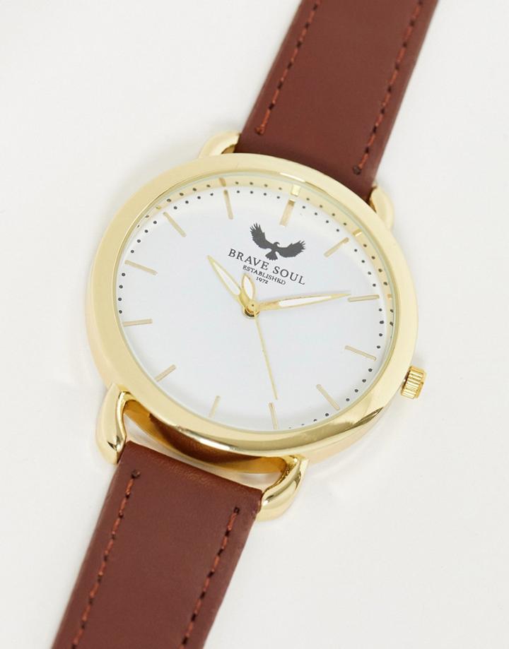 Brave Soul Cream Dial Watch With Leather Strap In Tan-gold