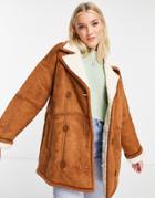 Stradivarius Shearling Coat With Contrast Sherpa In Camel-neutral