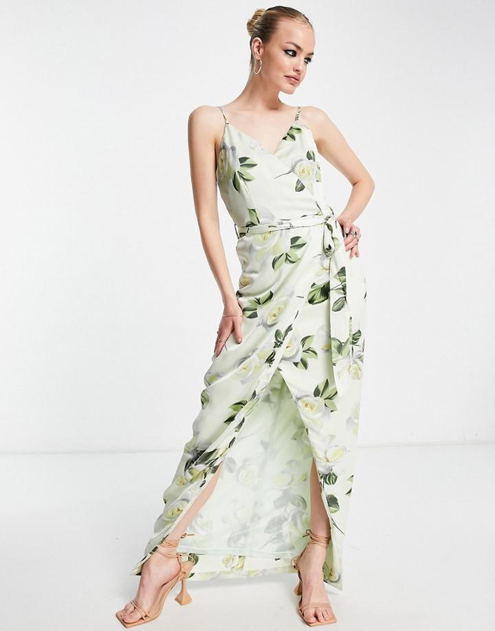Liquorish Bridesmaid Bridal Satin Wrap Maxi Dress With Belt In White Rose Print-pink
