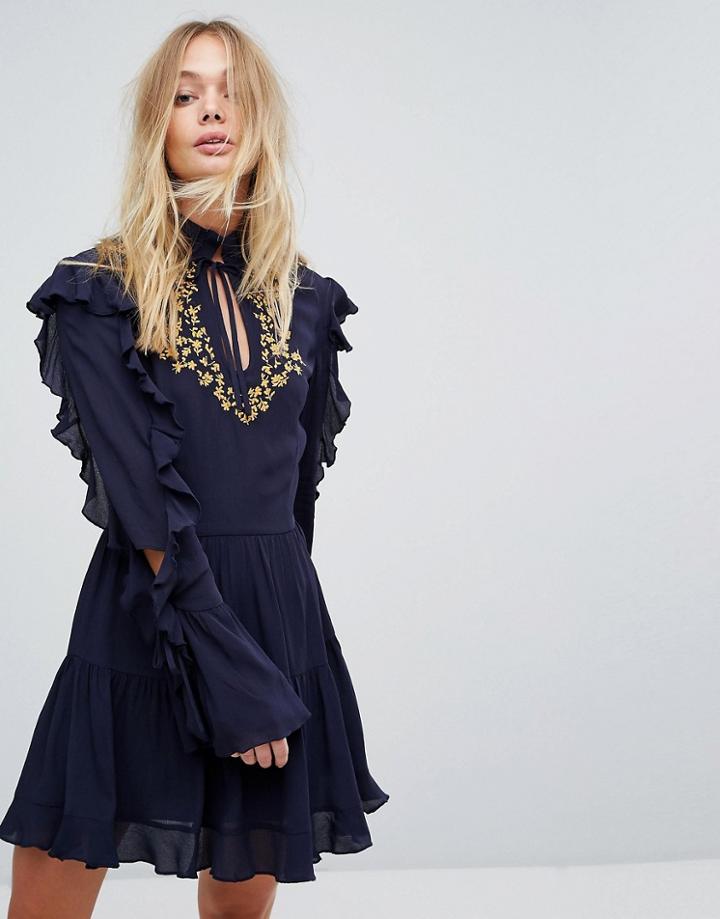 Millie Mackintosh Embroidered Ruffle Dress - Navy
