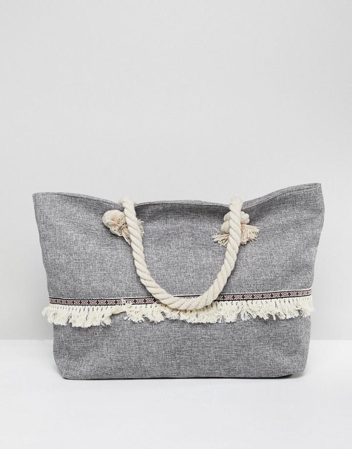 South Beach Canvas Tote With Braid And Fringe Trim And Knotted Rope Handles - Black