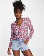 Nobody's Child Button Up Fitted Blouse In Bright Floral-multi