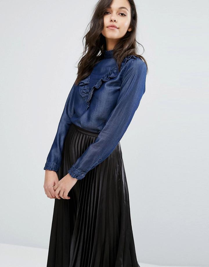 Miss Selfridge Chambray Ruffle Blouse - Blue