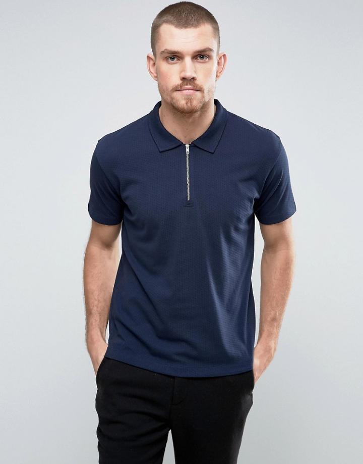 Ymc Perforated Zip Polo - Navy