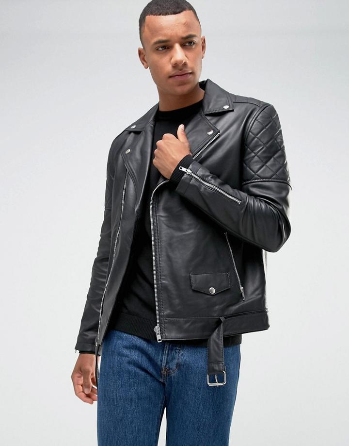 Barney's Originals Premium Leather Biker Jacket - Black