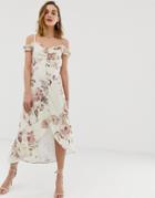 Hope & Ivy Ruffle Cold Shoulder High Low Midi Dress In Cream Floral-multi