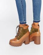 Eeight Wallis Lace Up Platform Heeled Ankle Boots - Tan Olive