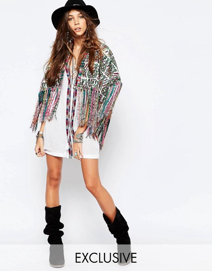 Hiptipico Handmade Fringed Cape With Animal Embroidery - Multi