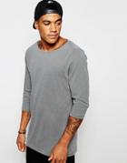 Asos Relaxed Slub Longline 3/4 Sleeve T-shirt With Boat Neck In Gray - Gray