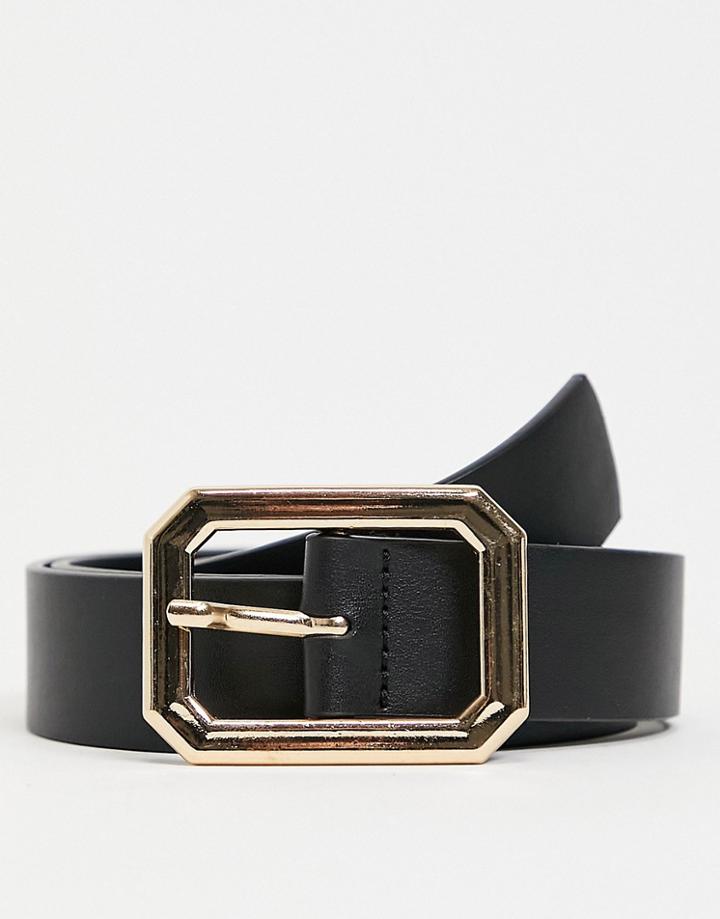 Asos Design Slim Belt In Black Faux Leather With Gold Hexagon Buckle