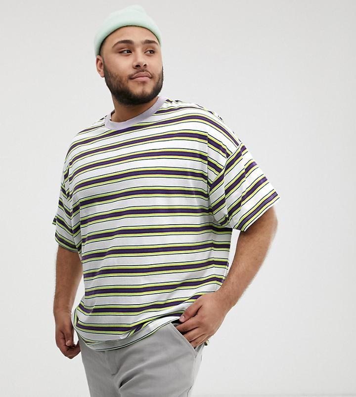 Asos Design Plus Organic Cotton Oversized T-shirt With Bright Retro Stripe - White