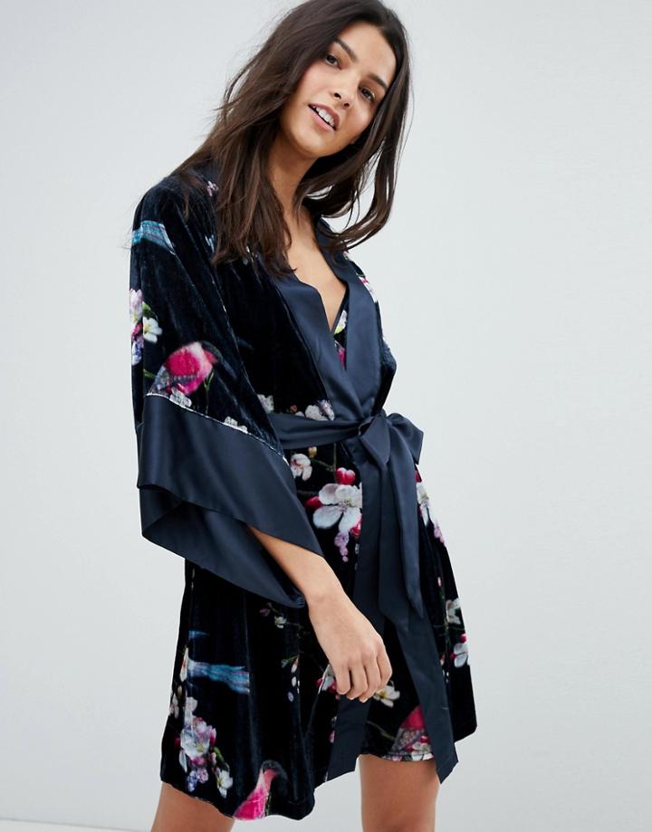 B By Ted Baker Flight Of The Orient Printed Velvet Kimono - Blue