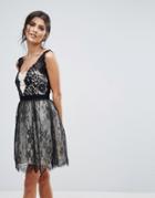 Little Mistress Monochrome Lace Overlay Mini Prom Dress - Multi