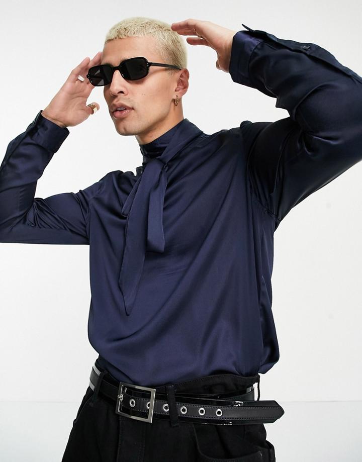 Asos Design Regular Satin Shirt With Pussybow Tie In Navy