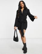 Asos Design Plunge Mini Drape Tie Front Shirt Dress In Black