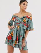 Club L London Bardot Satin Floral Dress - Multi