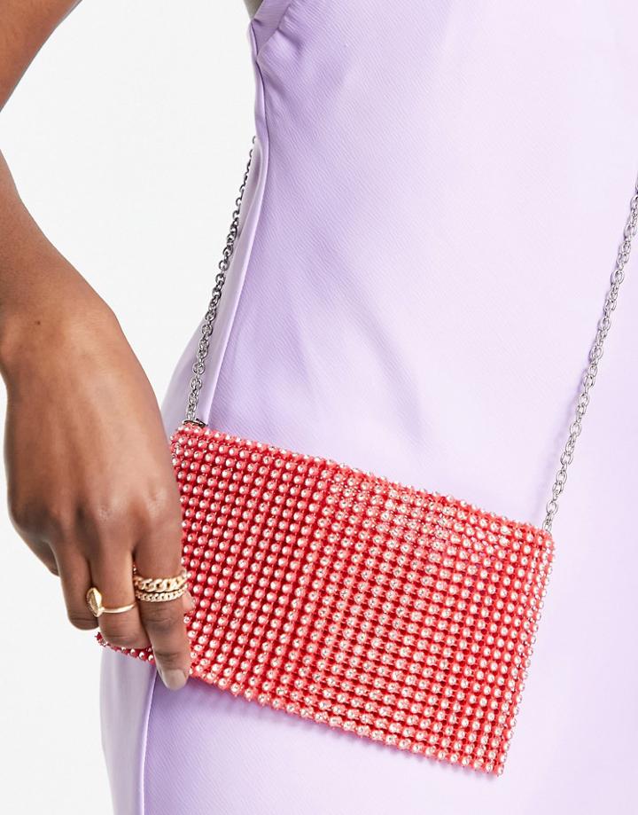 Nali Chain Strap Crystal Clutch Bag In Pink