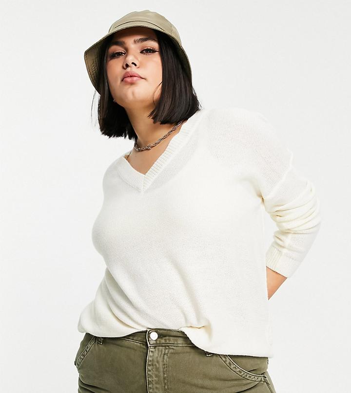 Brave Soul Plus Oversized Kansas V Neck Sweater-white