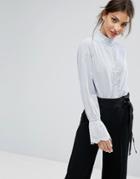Mango Stripe High Neck Brodorie Detail Blouse - Blue