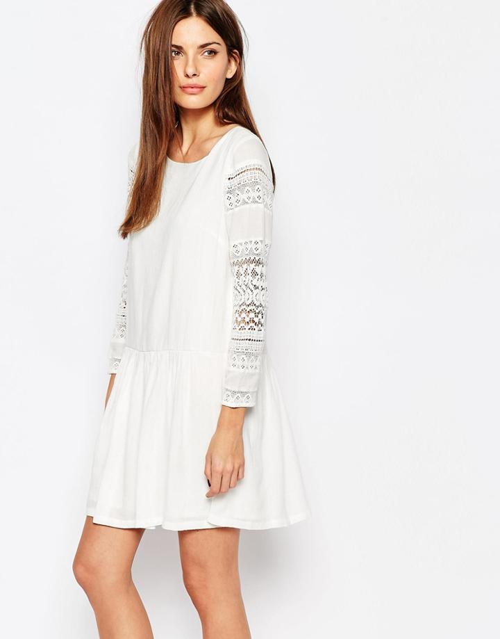 Vero Moda Lace Sleeve Drop Waist Skater Dress - Cream