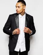 Rogues Of London Blazer With Faux Leather Lapel In Slim Fit - Black