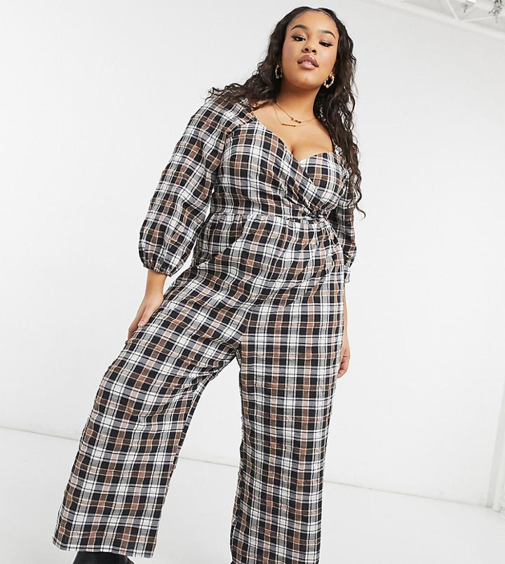 Asos Design Curve Wrap Crinkle Jumpsuit In Check-multi