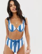 Prettylittlething Bikini Bottoms With Tie Detail In Blue Stripe - Multi