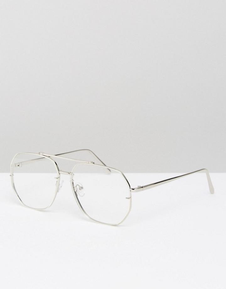 Asos Angular Hexagon Aviator Clear Lens Glasses - Silver