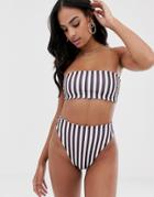 Missguided Bandeau Bikini Top In Brown Stripe-white