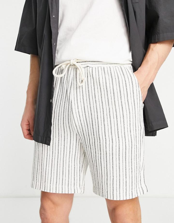 Pull & Bear Textured Striped Shorts In Beige-neutral