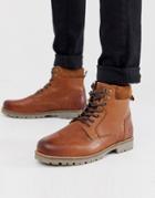 Asos Design Lace Up Worker Boots In Tan Leather