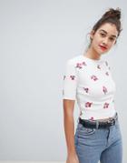 Asos Design Ribbed Top With Ditsy Floral Embroidery And Lettuce Hem - White
