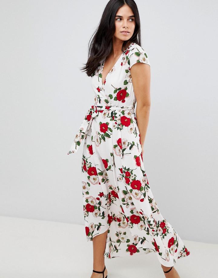 Ax Paris Belted Hi Lo Floral Midi Dress-white