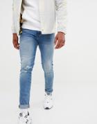 Asos Design 12.5oz Skinny Jeans In Vintage Light Wash With Busted Knee - Blue