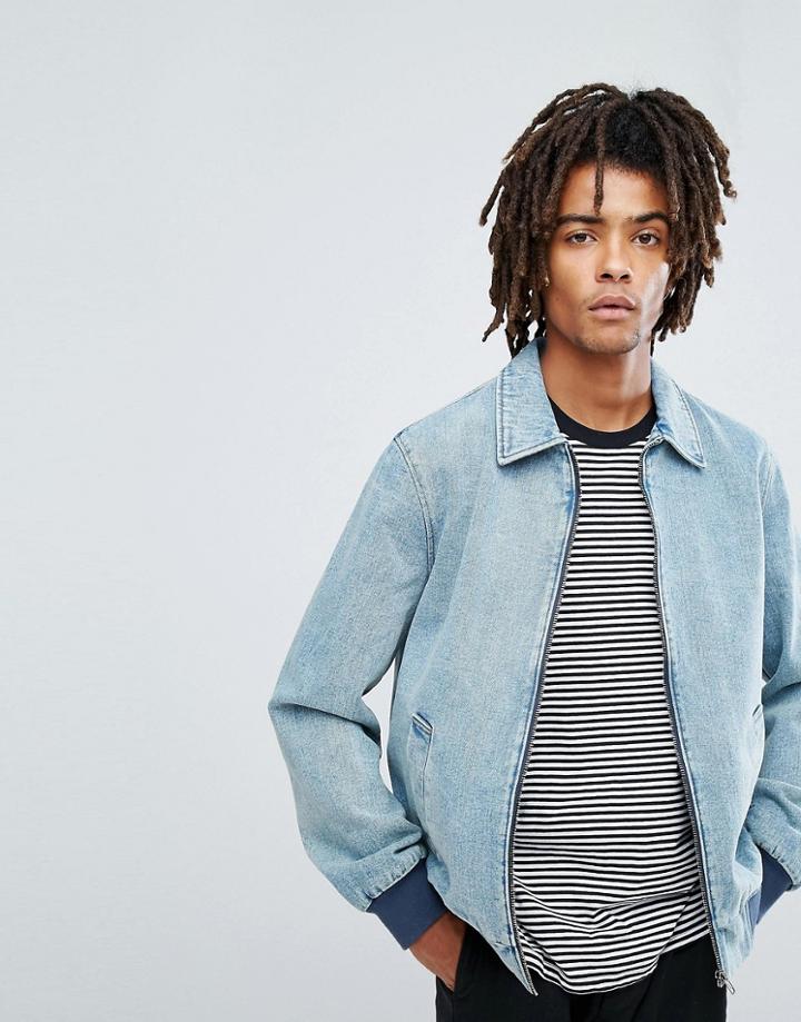 Asos Harrington Jacket In Washed Denim - Blue