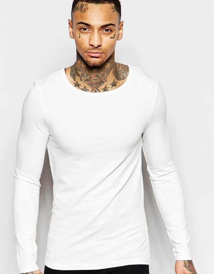 Asos Muscle Long Sleeve T-shirt With Boat Neck In Off White - Off White