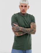 Asos Design Skinny Longline T-shirt With Stretch And Tipping And Side Zips In Khaki-green